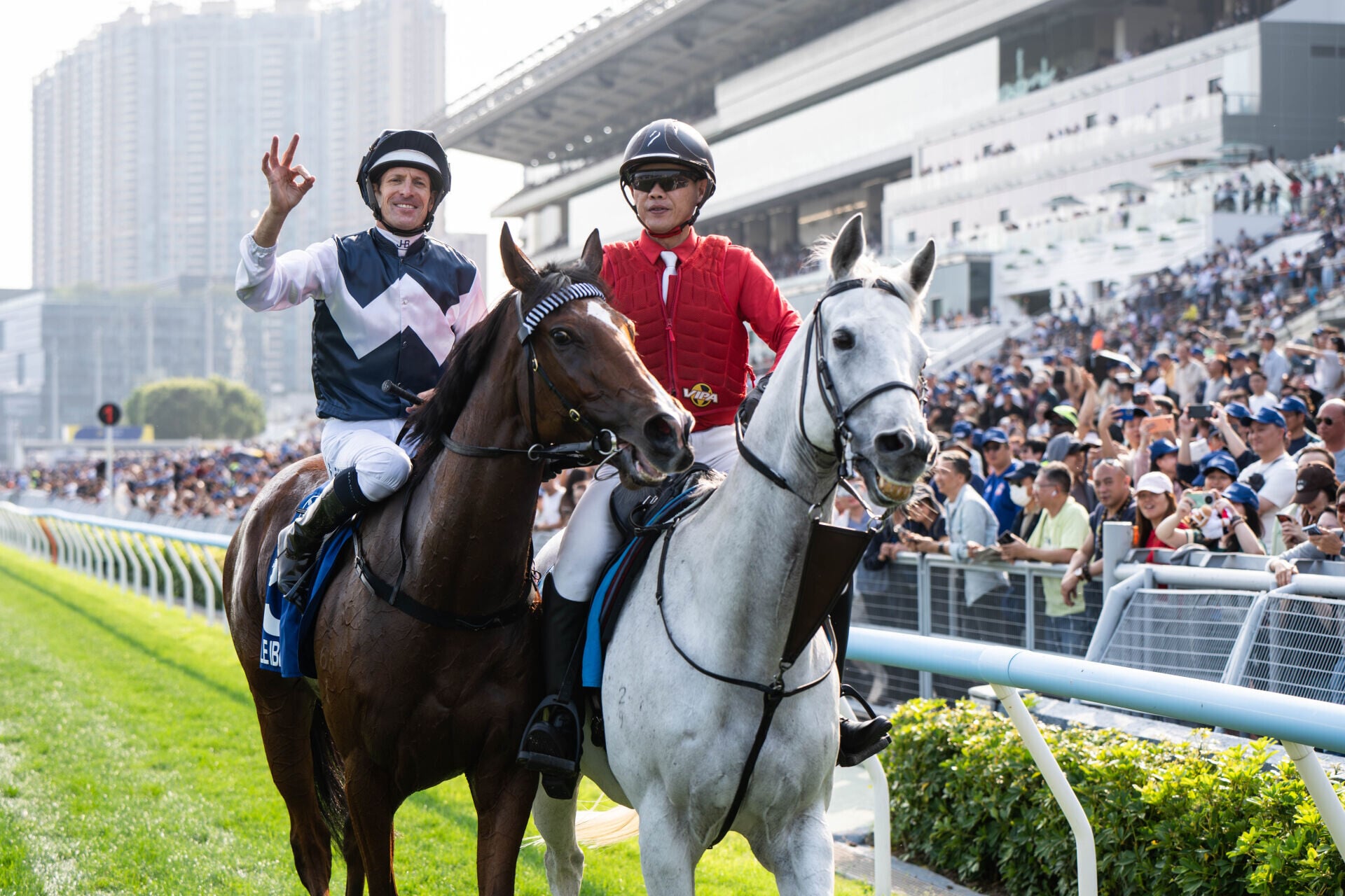布文策騎的「白鷺金剛」力壓一眾賽駒攻下寶馬香港打吡大賽,賽後接受馬迷歡呼喝采。(馬會圖片)
