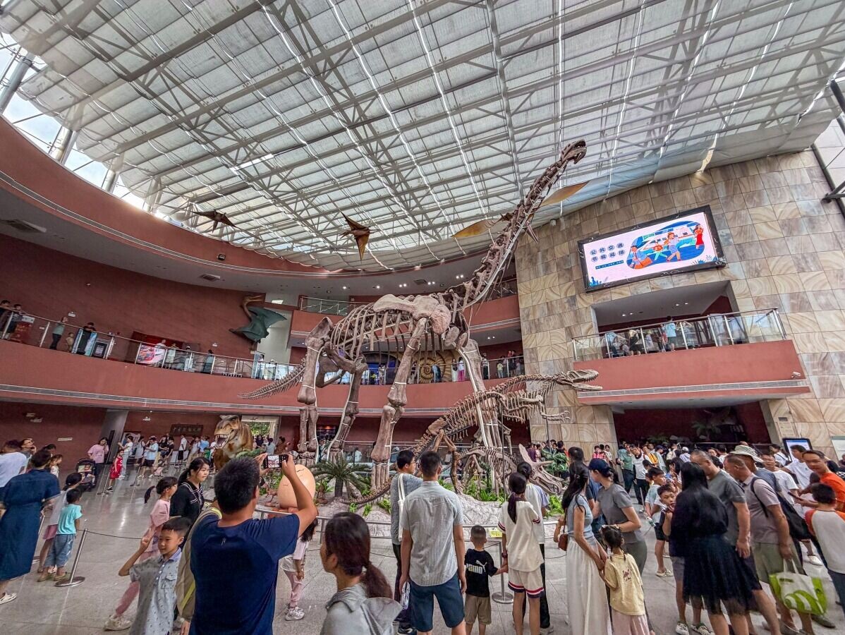 河源景點|河源恐龍博物館中央大廳設置的夢幻恐龍模型,最引人注目自然是長20米、高10米的汝陽黃河巨龍骨架,配搭具有活動聲效的仿真霸王龍、甲龍及上空翱翔的3具翼龍等,組成「九龍」組合,是入場人士的打卡熱點。(圖片來源: 視覺中國)