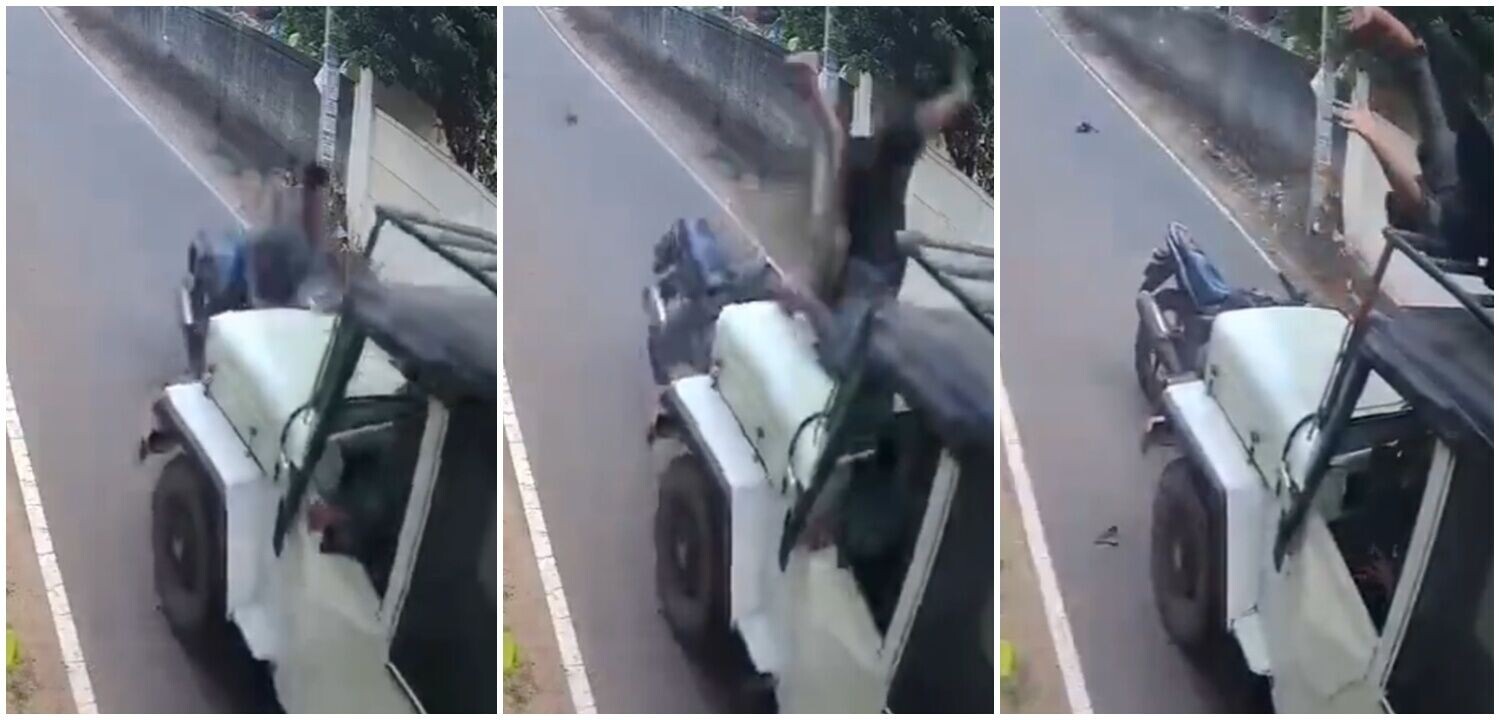 他整個人立即翻滾上汽車車頂,然後滾下來。(X)