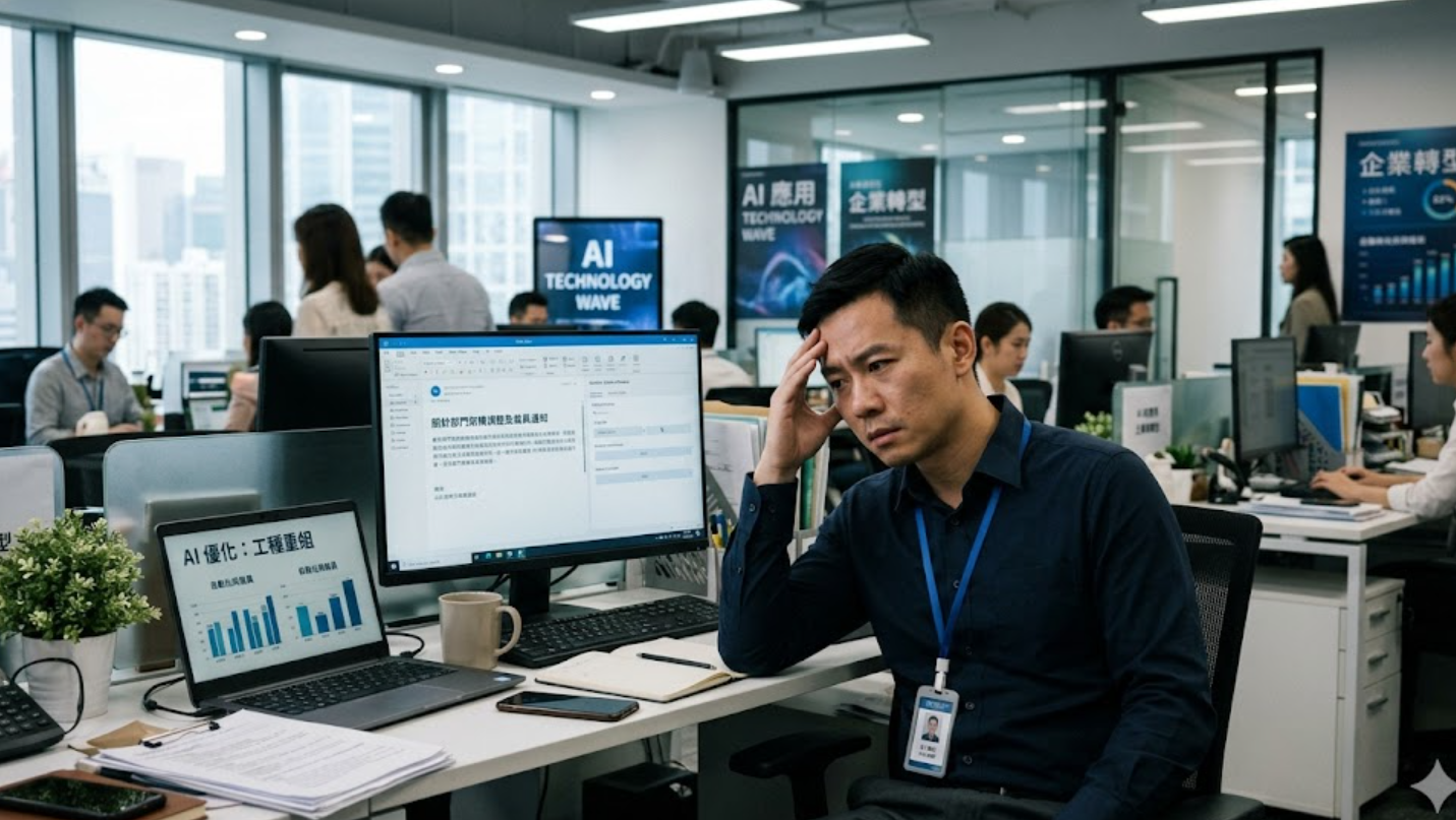 AI人工智能浪潮應用到企業的日常工作，愈來愈多工種出現裁員潮，不少打工仔人心惶惶。(AI生成圖片)