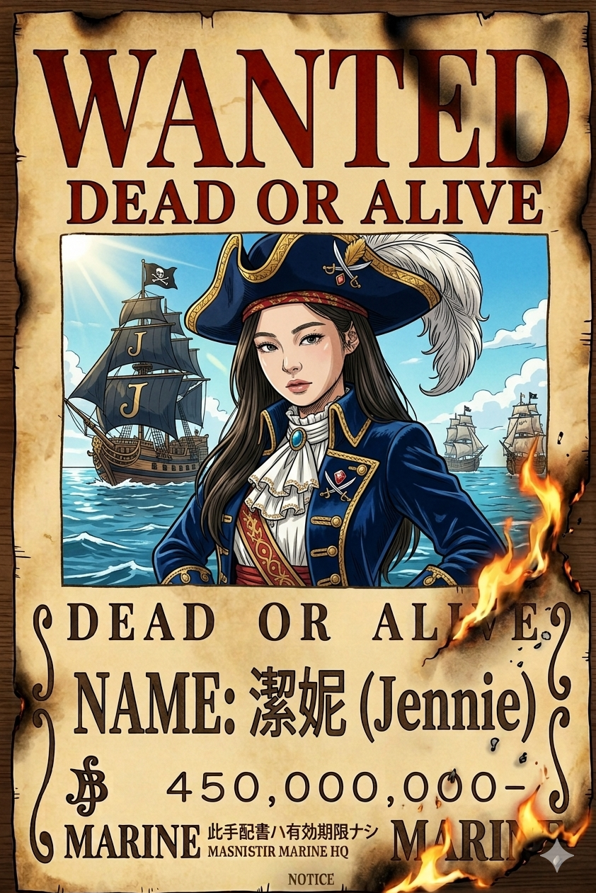 Gemini教學|完美生成Jennie《海賊王》懸賞海報AI圖。
