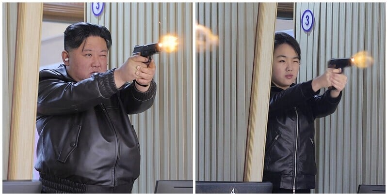 朝中社報道,北韓領袖金正恩與女兒金主愛視察軍工廠,並試射手槍。(路透社)