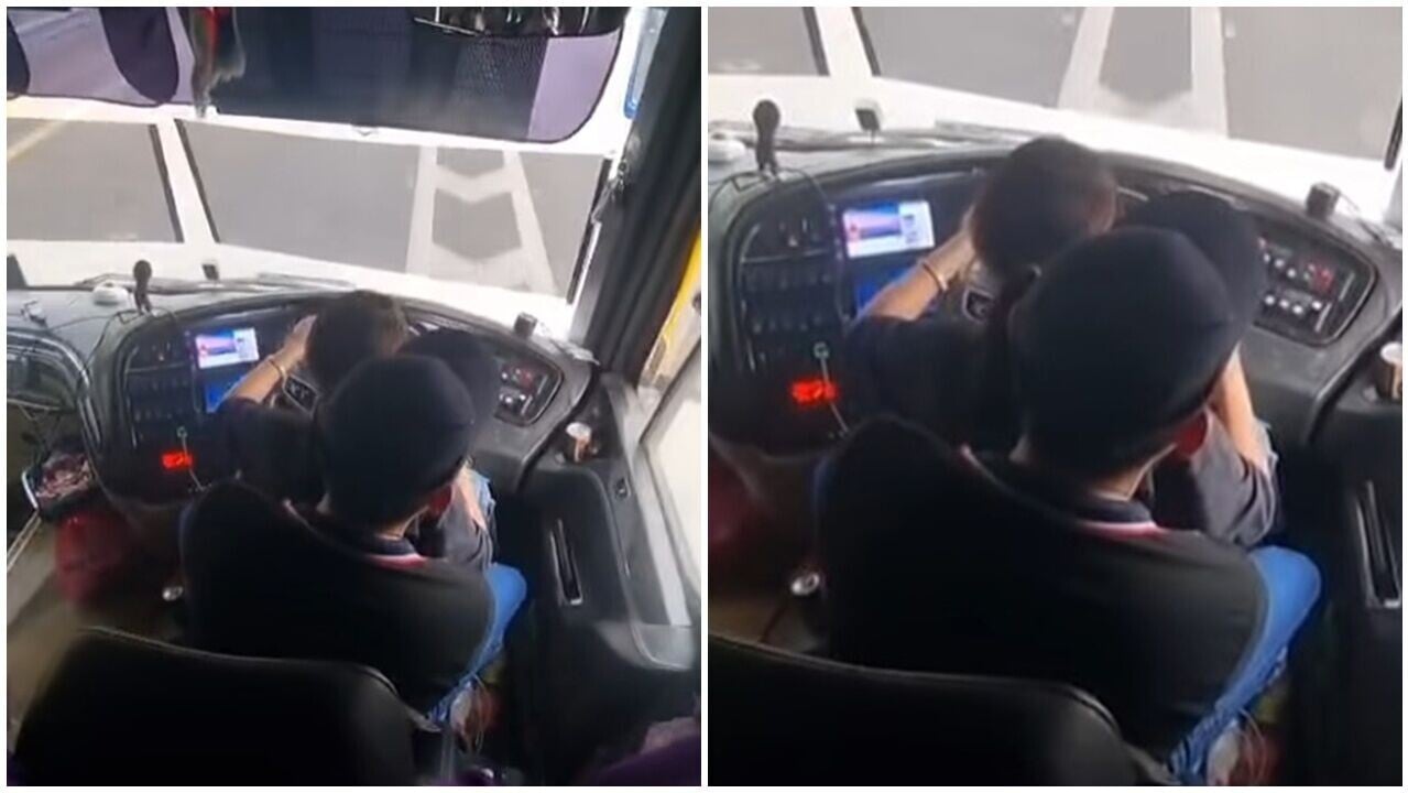 女子坐司機大髀學揸高速巴士，離譜影片惹眾怒。(FB)