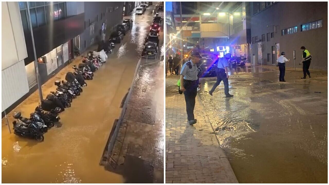 灣仔謝斐道爆鹹水管，黃泥水淹街道浸路邊電單車。