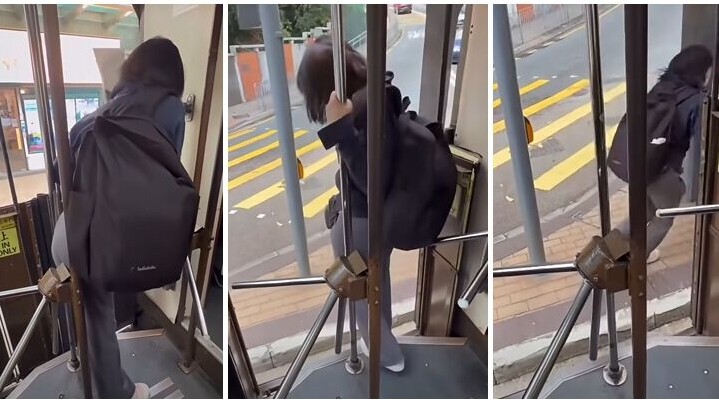 一名女子搭電車期間，於前往跑馬地的路段強闖上車閘門位置，最終抵站後於狹縫間成功下車(今日有片睇FB)