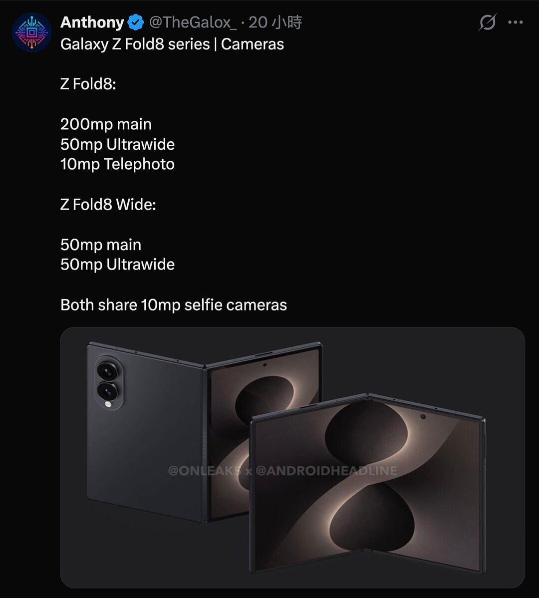 TheGalox_ 早前在 X 帳號透露,三星新代大摺 Galaxy Z Fold8 手機,將保留 200MP 主鏡頭及 10MP 長焦鏡頭,不過廣角鏡就會升級至 50MP 解像度
