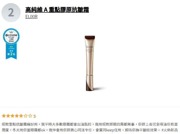 綜合賞 第二位 ELIXIR 高純維 A 重點膠原抗皺霜