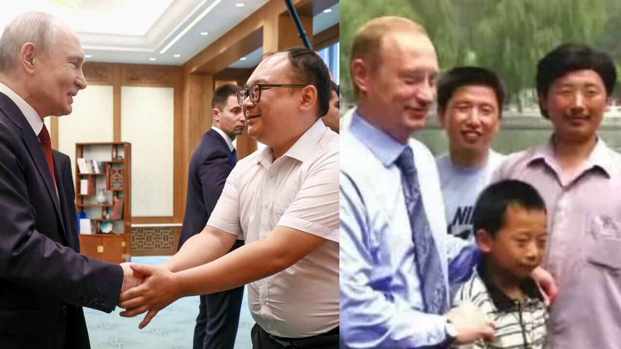 普京（左）與澎湃（右）相隔26年重逢。（美聯社）