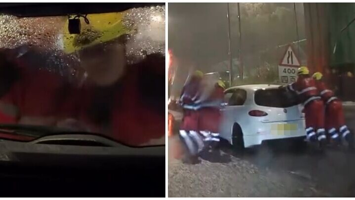 有網民晚膳後駕車回家途中，遇上在大雨水浸死火，一輛大埔消防局的消防車途經現場，4名消防員即下車協助推車推出水窪，更熱心地協助他們截的士回家。(Threads)