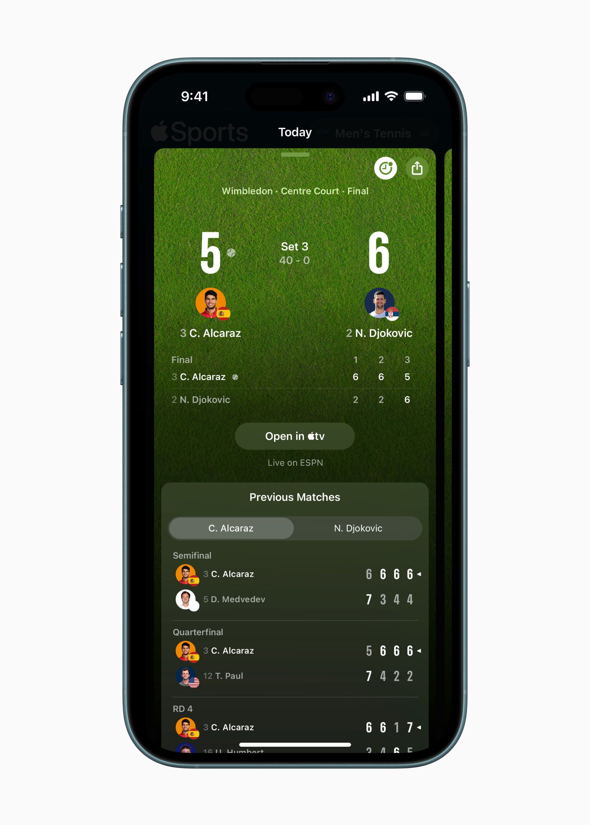 世界盃2026|《Apple Sports》亦提供網球賽果。