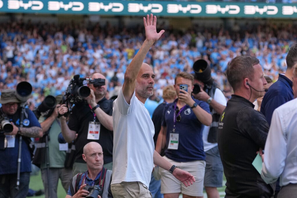 曼城主帥哥迪奧拿(Pep Guardiola)執教593場勝出416場,勝率達70.2%。(美聯社)