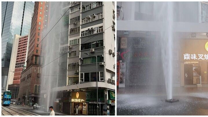灣仔莊士敦道25號外對開行車路發生地底鹹水管爆裂事故(馬路的事 (即時交通資訊台)fb)