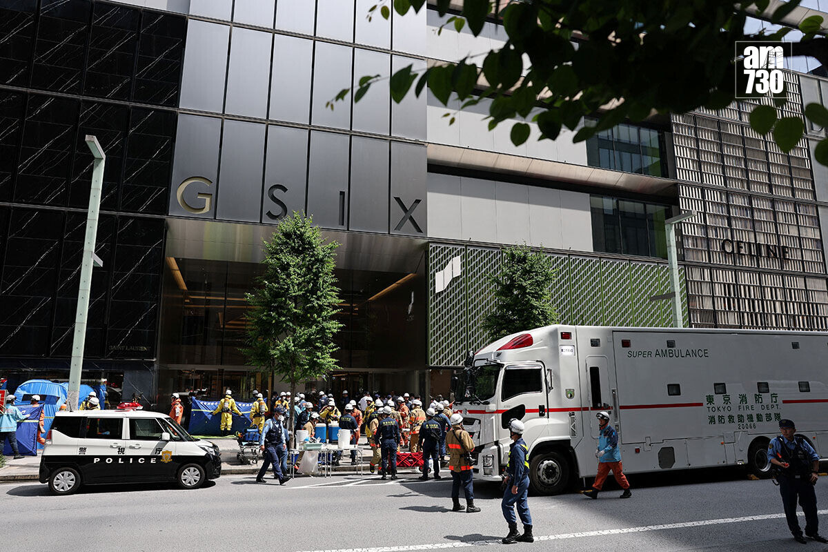 東京銀座商場GINZA SIX出現刺激氣味,大批救援人員趕抵現場處理。(路透社)