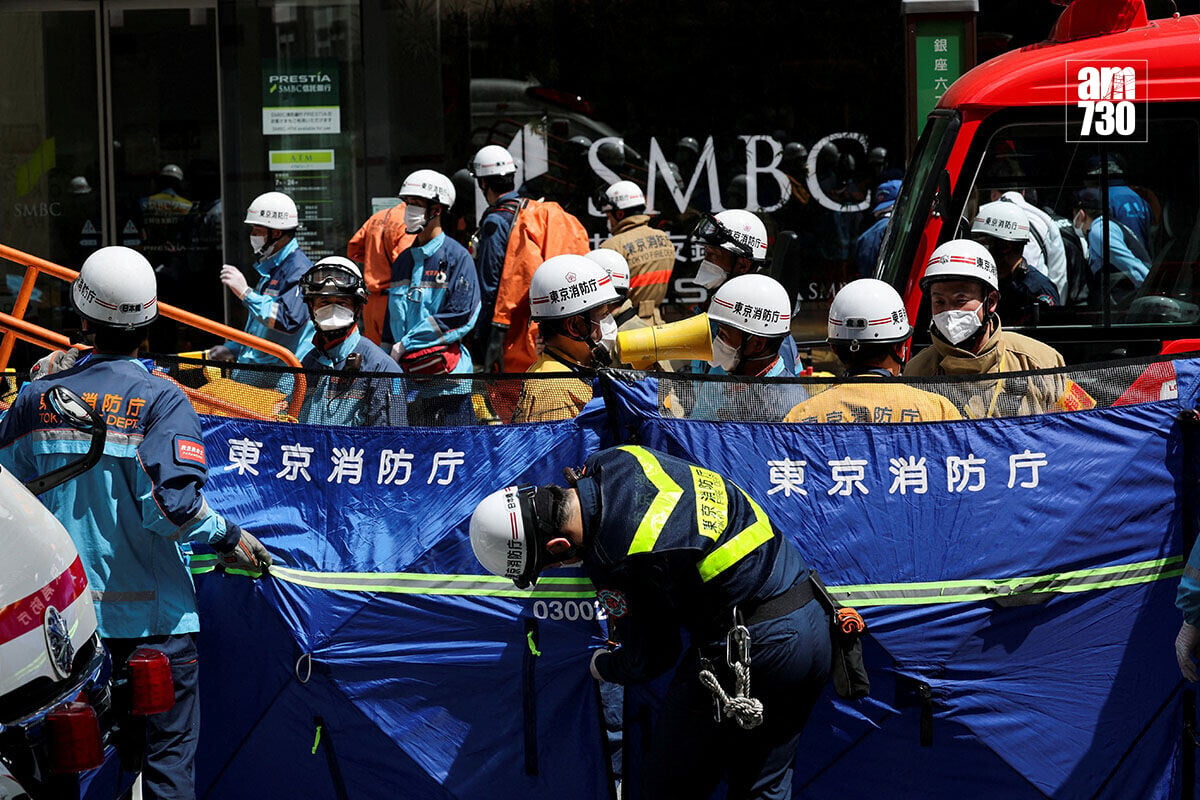 東京銀座商場GINZA SIX出現刺激氣味,大批救援人員趕抵現場處理。(路透社)