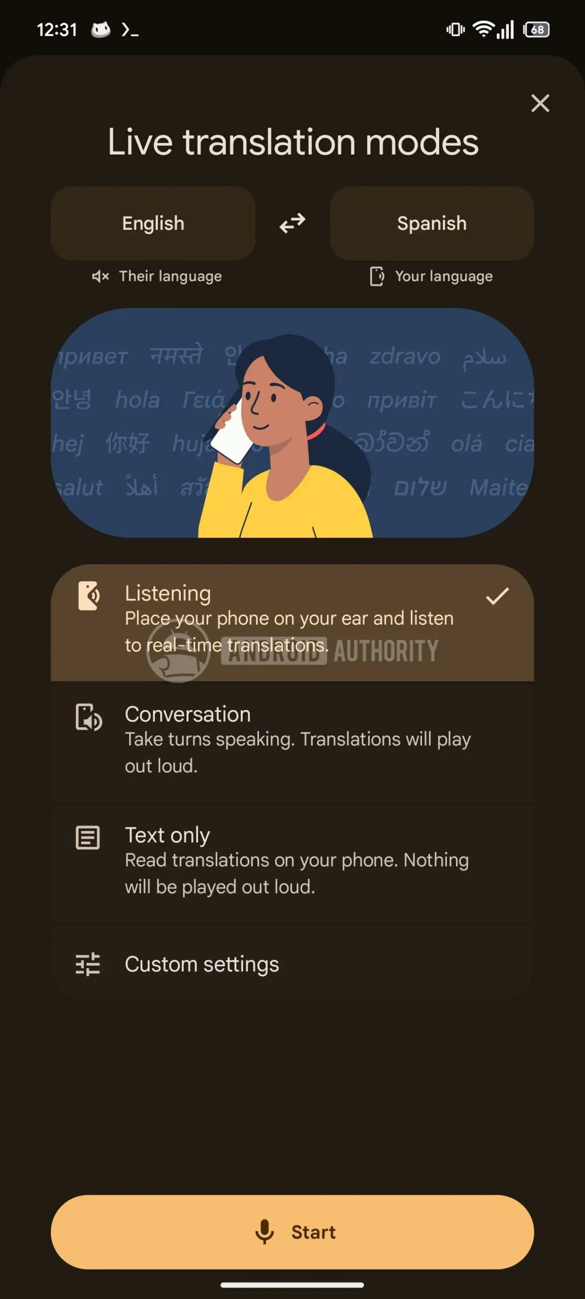 Google Translate未來可直接在手機聽筒收聽。(圖片來源:Android Authority)