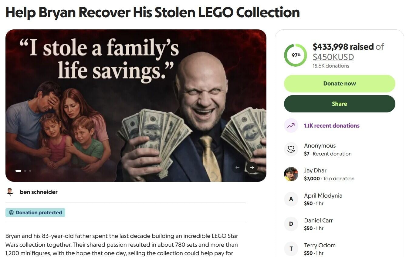 Help Bryan Recover His Stolen LEGO Collection籌款獲43.4萬美元