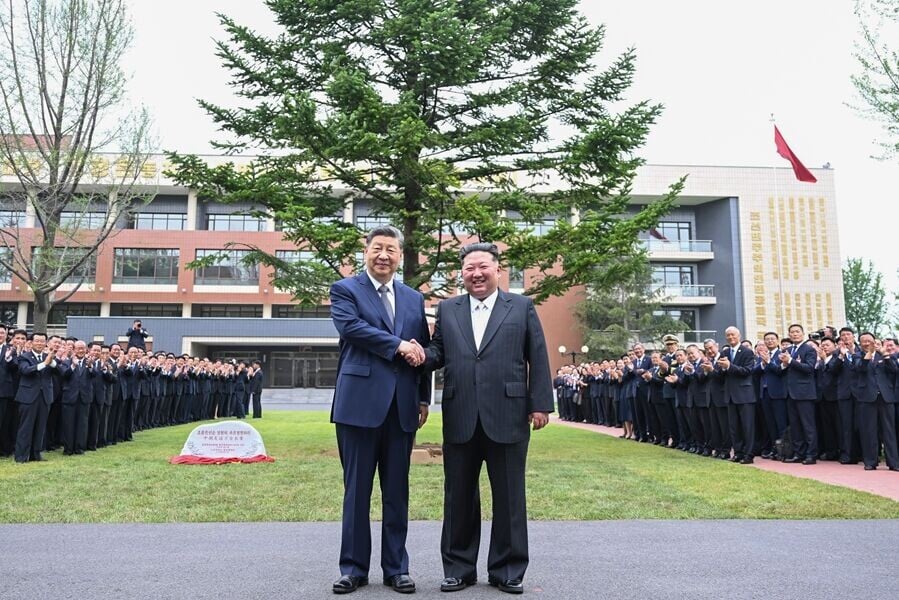 習近平在金正恩陪同下參訪位於平壤的勞動黨中央幹部學校。二人於教學樓之間的林地種了一棵樅樹,象徵中朝友誼生生不息。(新華社)