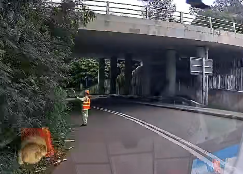 一輛車沿元朗新潭路往米埔村方向行駛期間,在一個彎位突然發見一名身穿反光衣及安全帽的工人站在馬路中央工作,幸司機及時發現並扭軚閃避。(車cam L(香港群組)FB)