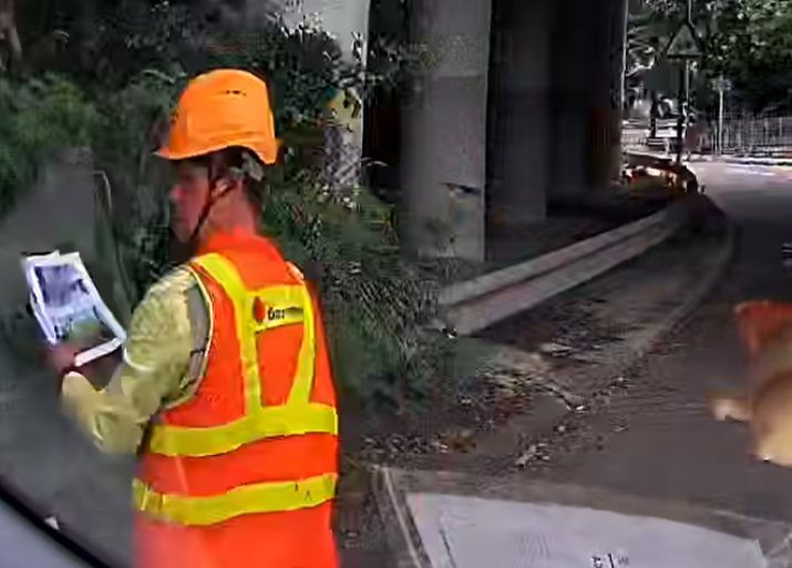 一輛車沿元朗新潭路往米埔村方向行駛期間,在一個彎位突然發見一名身穿反光衣及安全帽的工人站在馬路中央工作,幸司機及時發現並扭軚閃避。(車cam L(香港群組)FB)
