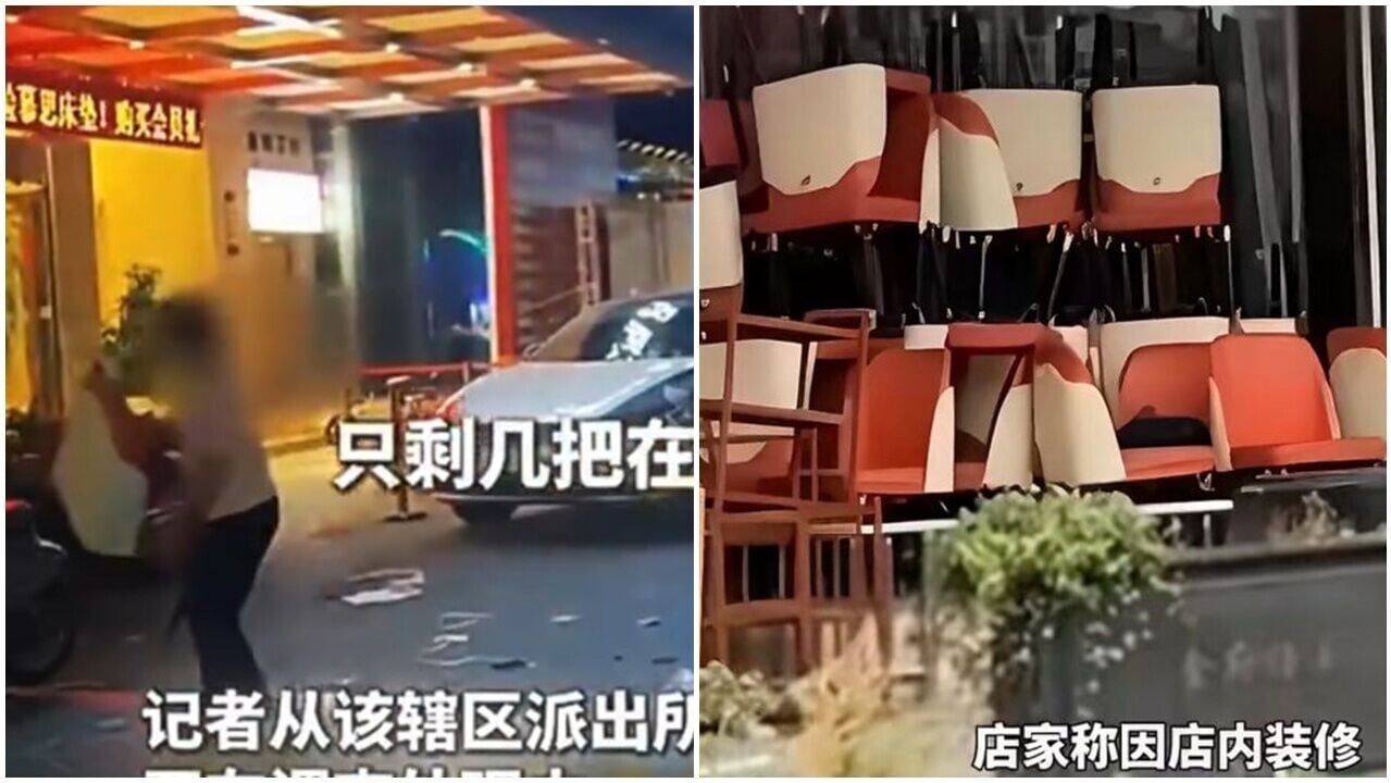 街坊全是賊？四川食肆快開張　門外500張凳被偷光。(微博)