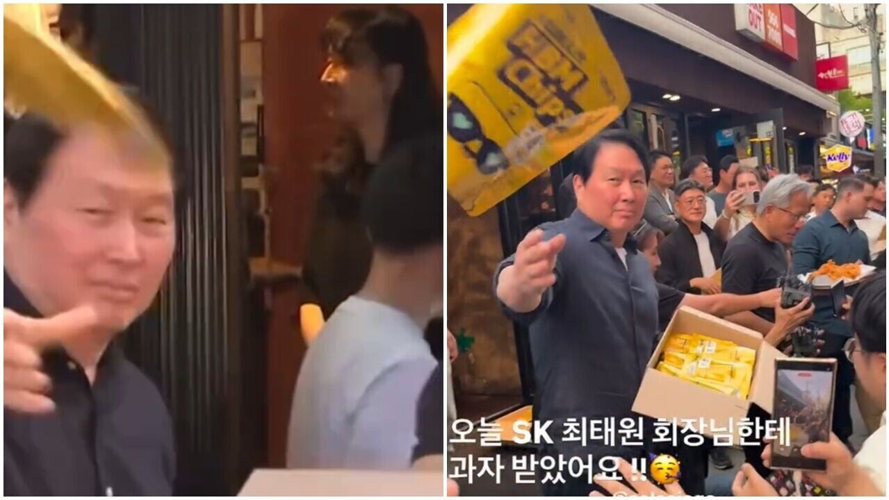 黃仁勳訪韓派炸雞,SK會長一動件被轟「像餵狗」。(IG)
