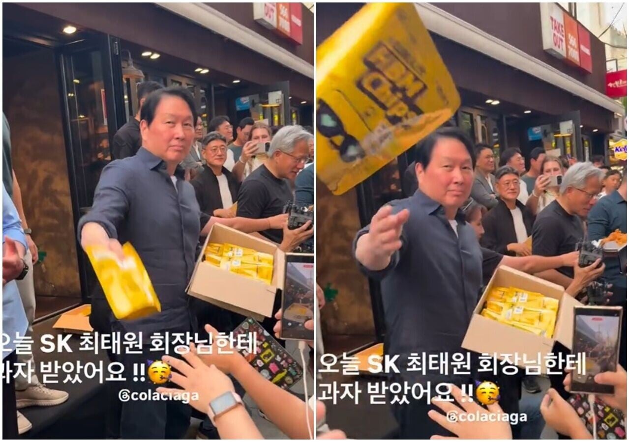 黃仁勳訪韓派炸雞,SK會長一動件被轟「像餵狗」。(IG)