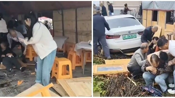 江蘇省南通市如東縣有村民在辦喪事期間，遭一輛寶馬私家車倒車撞入他們用餐的棚子，事故造成1人死亡、7人受傷。(影片截圖)