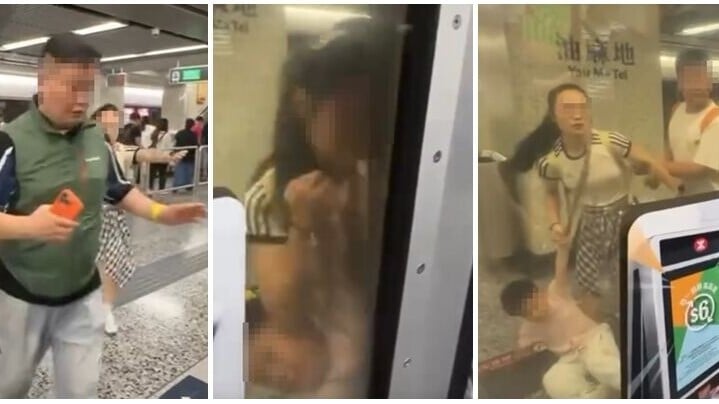 港鐵油麻地站有一家四口欲衝入車廂，結果只有帶頭男子「闖關」，女子拖着小朋友踏入車廂時幾乎被車門夾，女子即時向後退出車廂，小朋友被拉走及被手肘擊中跌在地上。(Threads)
