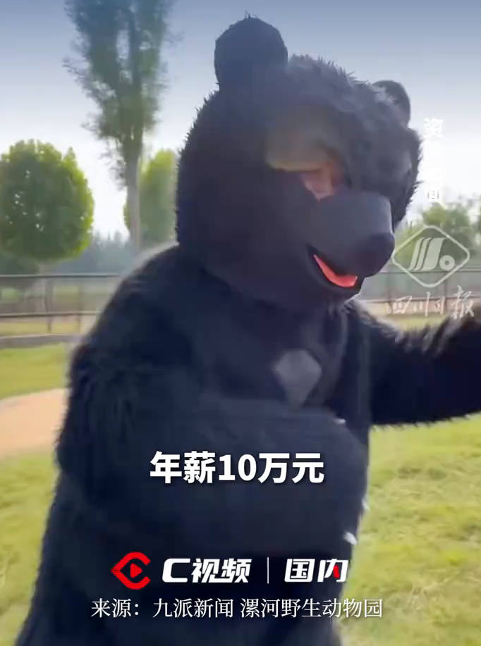 河南省漯河野生動物園近日發布一則廣告,招聘「黑熊扮演者」,年薪達10萬元人民幣(下同),需穿上黑熊服裝與遊客互動,工作期間「嚴禁說人話」,只需「嗷嗷叫」即可(網上圖片)