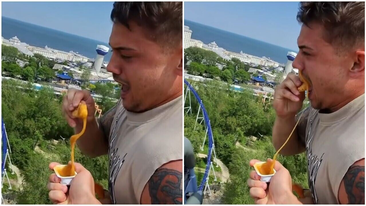 時速150公里過山車上食雞塊，網紅搞笑挑戰被列黑名單。(IG)