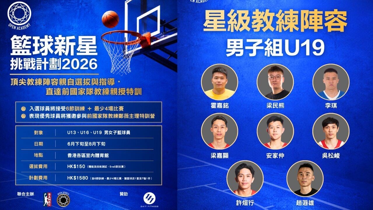 籃球新星挑戰計劃2026接受報名 霍嘉銘、李琪、任明敏等星級教練團執教