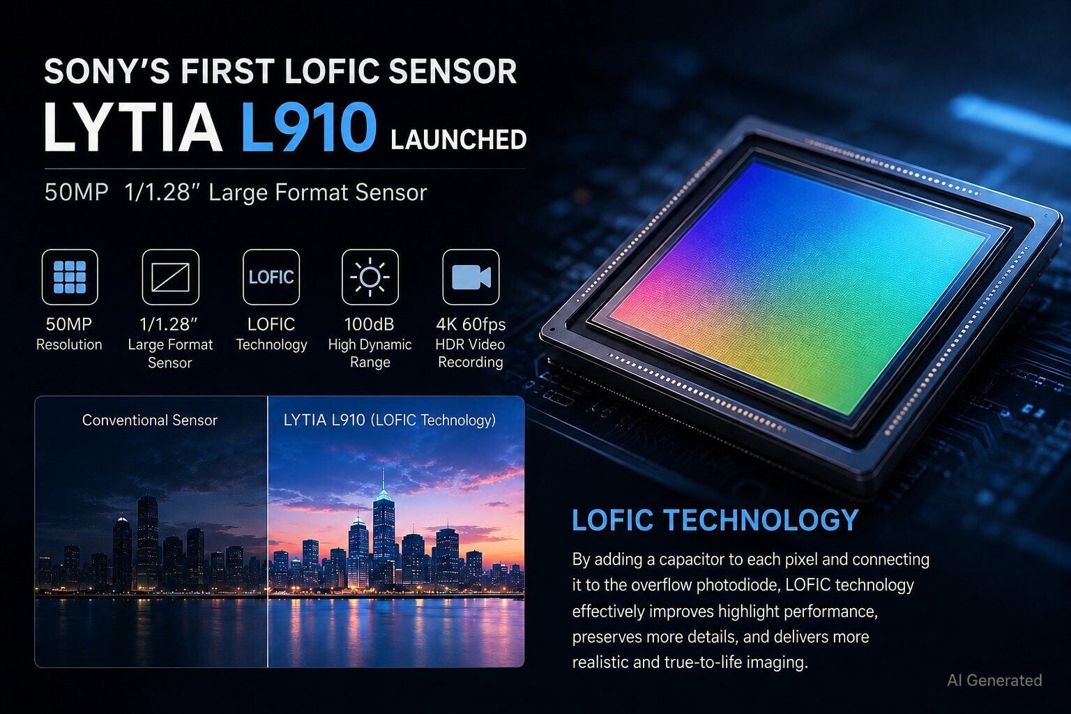 日前 SONY 發表 LYTIA L910 感光元件,其為品牌首款採用 LOFIC 技術產品,採用 1/1.28 吋大型設計、具 50MP 輸出並支援單次曝光 100dB 高動態範圍相片拍攝,影相表現更佳。