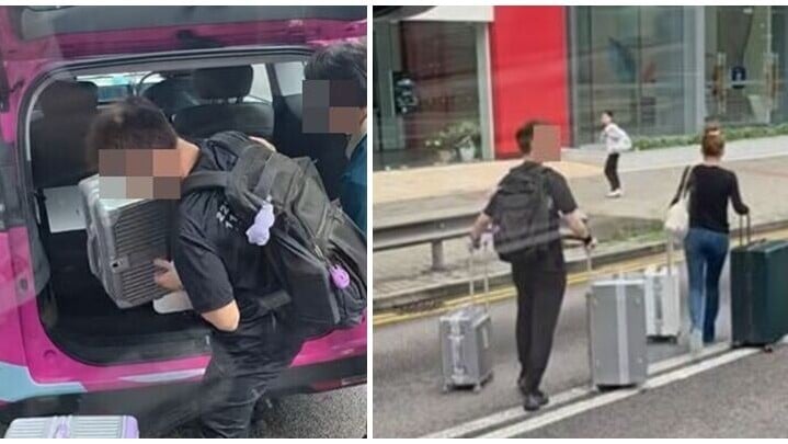 青山公路發生的士馬路中心卸行李事件。（fb「車cam L（香港群組）」圖片）