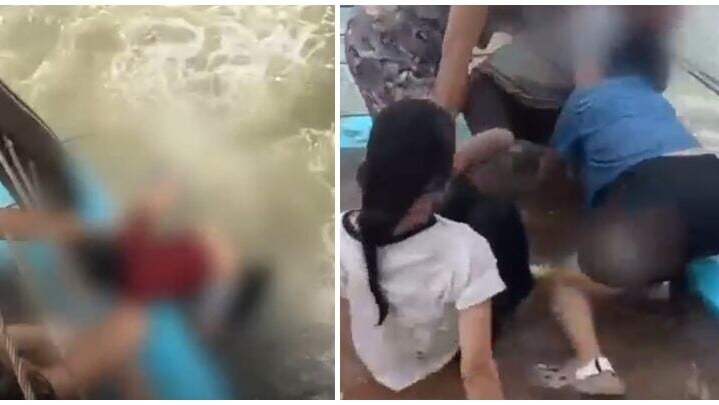 廣東有兒童近日在海邊觀浪時被沖出護欄，幸現場多名遊客及時捉著其手，男童才未被大浪捲入海，現場救人影片曝光。(微博)