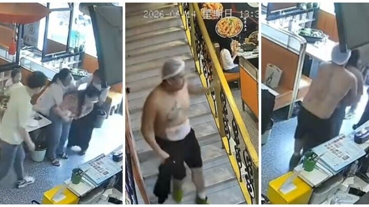 江蘇蘇州烤魚店女食客鯁喉後，半裸廚師下樓救人，惟被批「不穿上衣貼近女性」，事後回應爭議。(影片截圖)