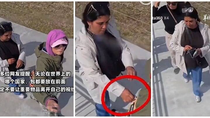 一名中國遊客6月16日在冰島著名景點黃金瀑布遊玩時，遭兩名女子扒竊錢包，其Insta360運動相機意外記錄下全過程。(影片截圖)