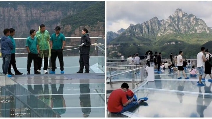 河南新鄉5A級景區「寶泉旅遊區」的玻璃觀景台日前發生驚險事件。一名男童在觀景台上用雨傘尖敲擊玻璃，導致其中一塊玻璃的表層出現裂紋，工作人員發現後立刻疏散遊客並封閉觀景台。(影片截圖)