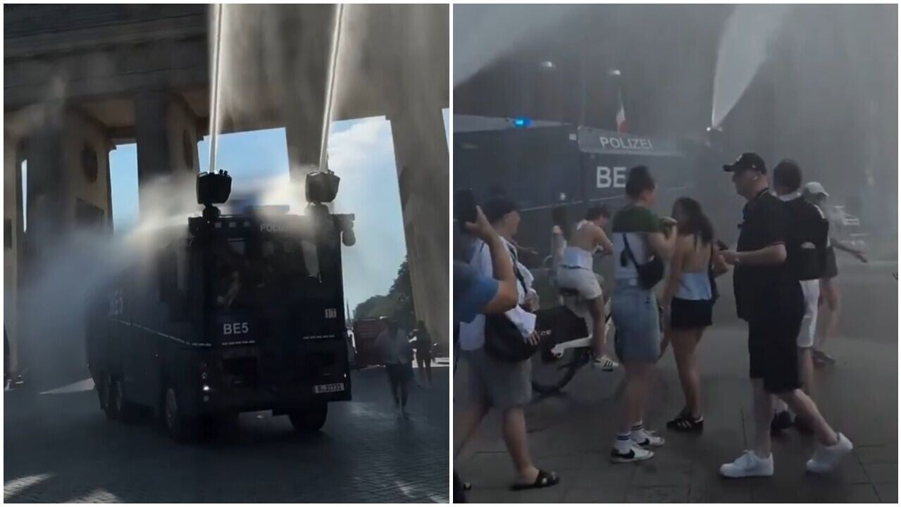 警方出動水炮車非因暴動，為居民降溫應對歐洲熱浪。(X)