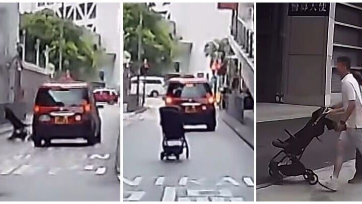 灣仔警察總部外發生BB車滑出馬路事故，幸當時車內並無BB，一輛途經的士及時閃避，事故並未造成任何人傷亡。(facebook群組「車cam L（香港群組）」)