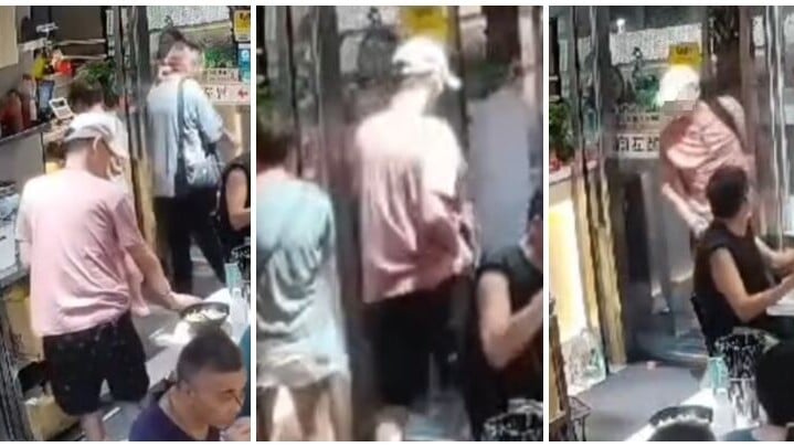 屯門食肆閉路電視（CCTV）影片指一名男子用餐後，趁有食客起身離開時「跟衫尾」，走出門口未有付款。惟店員早已懷疑男子為慣犯，一早監視其行為，當對方離開一刻大喝「阿哥畀咗錢未啊！」，男子受到全場注視下，即時返回店內付款。(屯門友專頁)