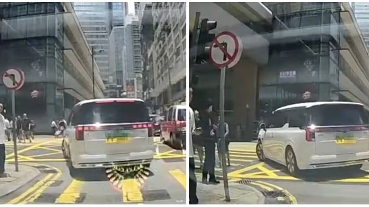 一輛掛「FV」牌的跨境白色七人車，上周二（23日）在中環祖庇利街與德輔道中交界換線失敗後，無視禁止左轉標誌，強行扭軚轉彎。當時行人路口正亮綠燈，行人正在過馬路(影片截圖)