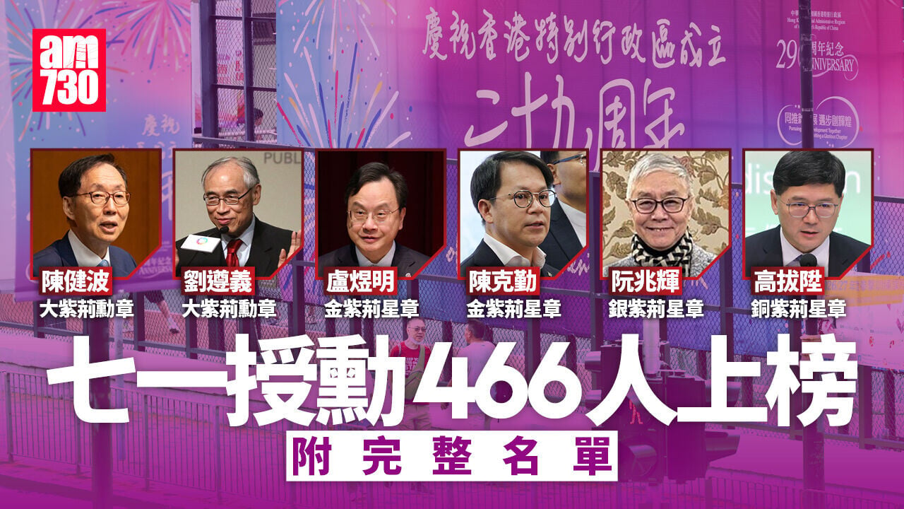 授勳2026｜466人上榜　陳健波劉遵義等獲大紫荊　宏福苑殉職消防何偉豪追授金英勇勳章【附完整授勳名單】