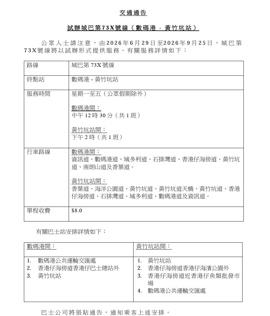 城巴早前於6月29日起試行開辦平日午間特快路線73X,往返南區數碼港及黃竹坑站,「以照顧南區上班族午膳出行需要」,為期三個月試辦期已於9月25日結束,不再繼續,路線低調取消。