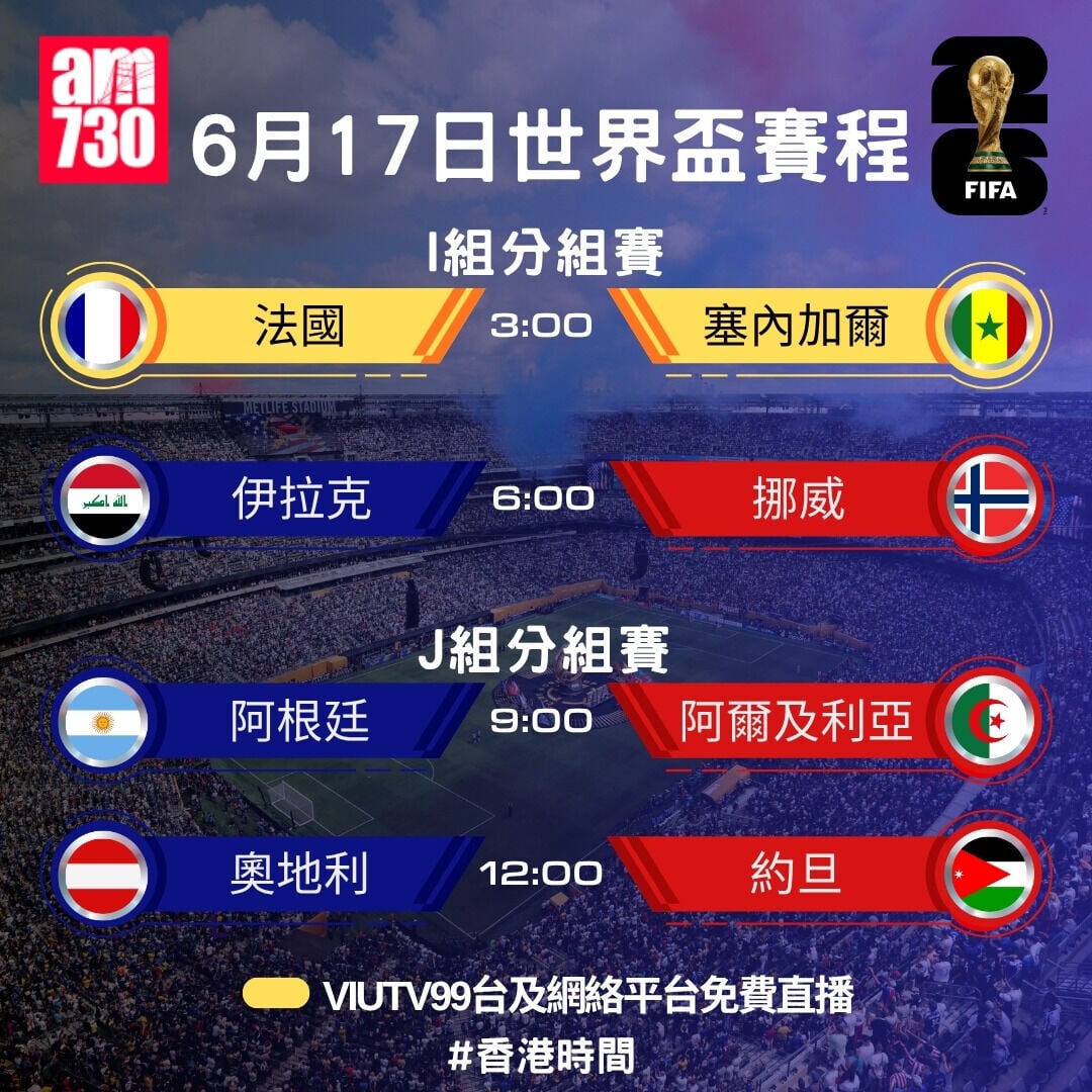 世界盃2026賽程，6月17日法國對塞內加爾ViuTV免費直播（am730製圖）