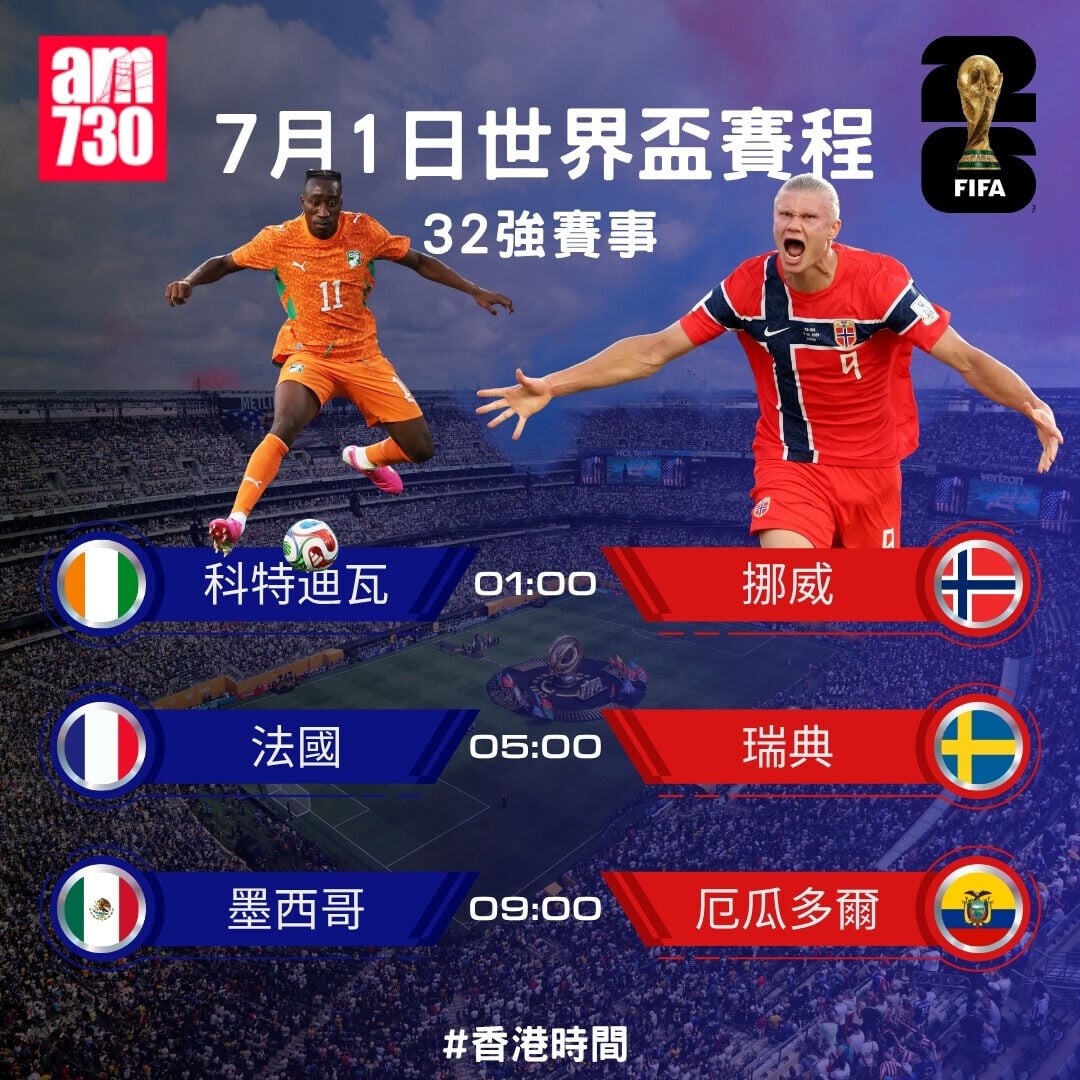 世界盃2026  32強賽程，7月1日科特迪瓦對法國（am730製圖）