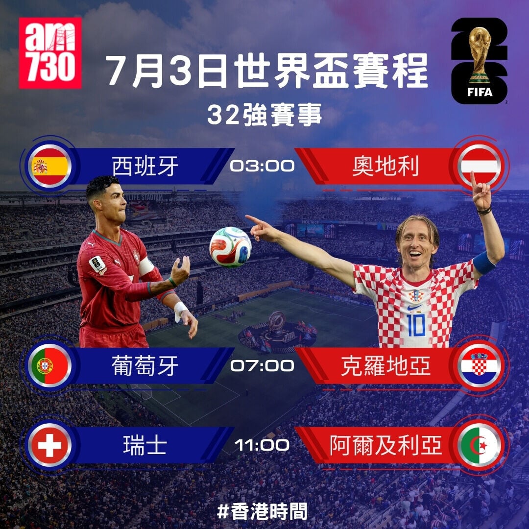 世界盃2026  32強賽程，7月3日葡萄牙對克羅地亞（am730製圖）