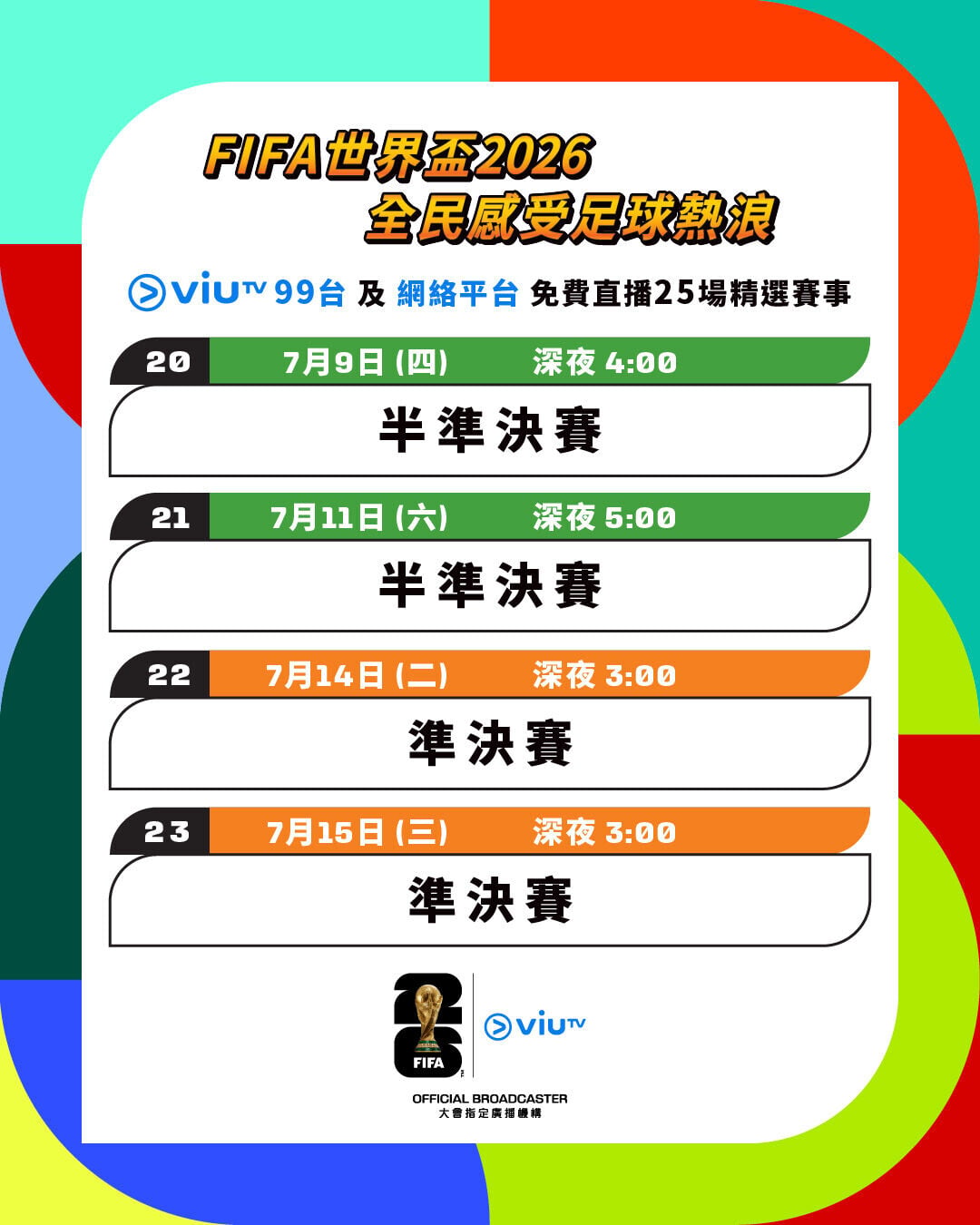 世界盃2026香港免費直播25場場次，包括2場8強及2場4強（ViuTV99台及網絡平台播放）