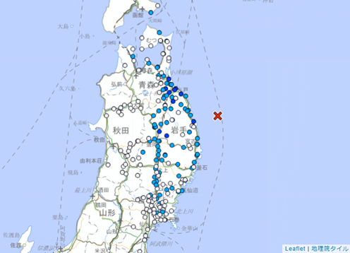 日本岩手縣近海30日晚間發生規模4.9極淺層地震，最大震度4級。（圖／翻攝自日本氣象廳官網）
