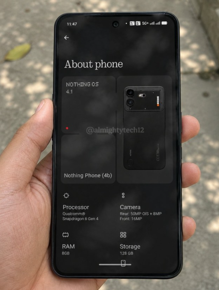 Nothing Phone (4b) 實機照片,包括支援 OIS 光學防震的 5000 萬像主鏡頭,以及一枚預計為超廣角的 800 萬像副鏡頭