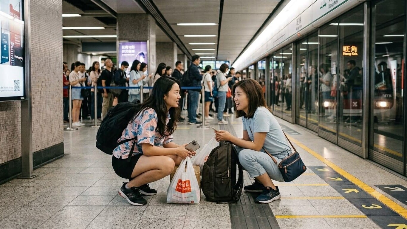 一名女遊客稱由於走路太累，在港鐵站蹲下等車，怎料遭香港人擲硬幣（AI生成圖片）